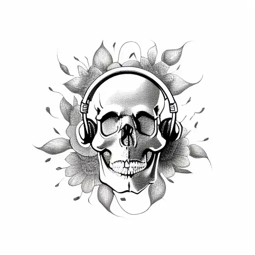 A Skull Wearing A Headset With Flowers Growing Out Of It
