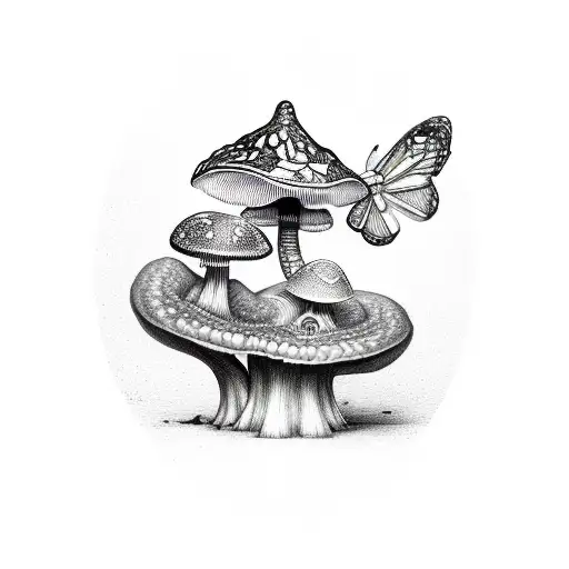 A Surreal Scene Of A Butterfly Emerging From A Mushroom With A Snake Wrapped Around It