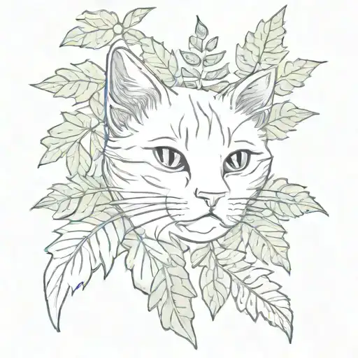A Sketch Style Tattoo Of A Cat Peeking Out From Behind A Lush Fern Plant