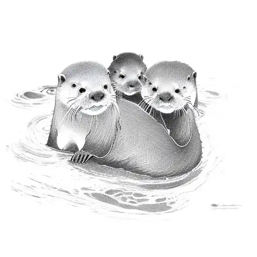 Otter Mother And Two Kids