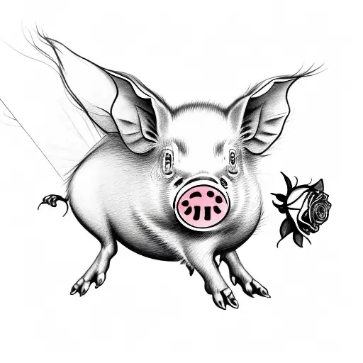 Flying Pig With A Single Rose With Stem Being Held In Its Mouth Hanging Out The Sides