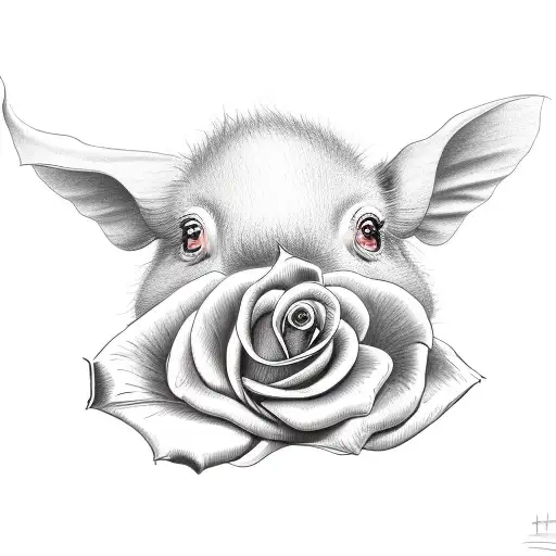 Flying Pig With A Single Rose With Stem Being Held In Its Mouth Hanging Out The Sides