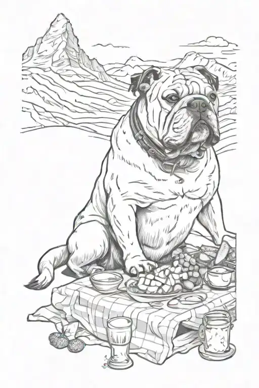 A Tattoo Design Featuring A Continental Bulldog Enjoying A Cheese Picnic On The Matterhorn Mountain