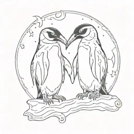 Two African Penquins Holding Hands Looking At The Moon Inbetween Them