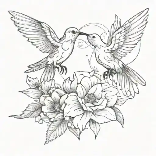 A Sketch Style Tattoo Of A Hummingbird And A Bald Eagle Sharing A Heart-shaped Flower