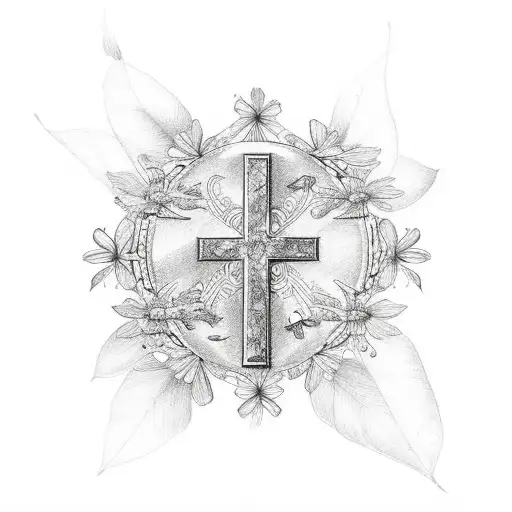 Christian Cross With Butterflies And Flowers