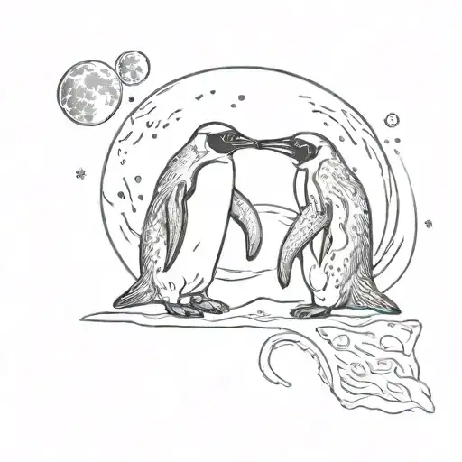 Penguins Holding Hands Looking At The Moon