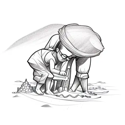 A Sketch-style Tattoo Of A Father And Child Building Sandcastles On The Beach