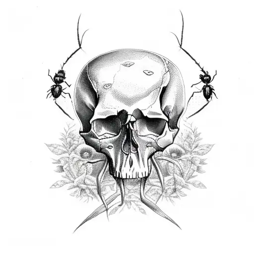 Skull With Botanic And Insects And Spider