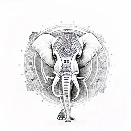 Hindu Henna-inspired Elephant Adorned With Taino Patterns In A Sketch Style