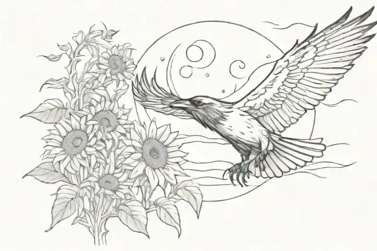 A Raven Flying Over A Field Of Sunflowers Under A Full Moon