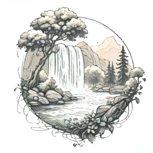 A River With A Fire And A Berry Bush Beside It Waterfalls Down The Front