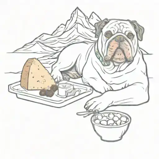A Tattoo Design Featuring A Continental Bulldog Enjoying A Cheese Picnic On The Matterhorn Mountain