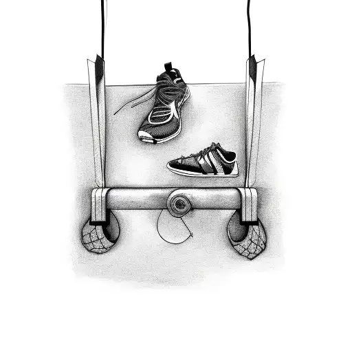 Diagonal Relay Baton With A Pair Of Track Shoes And Soccer Hanging On Each End Like A Power Line