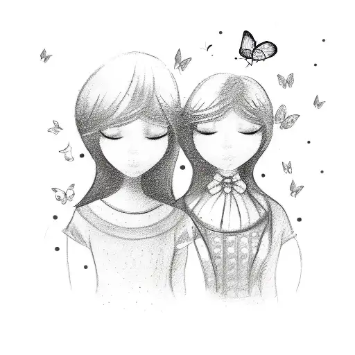 A Sketch-style Design Of A Mother And Daughter Walking Hand In Hand Surrounded By Butterflies