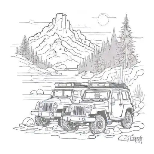Two 4 Door Jeeps On A River Bank With A Fire In The Mountains