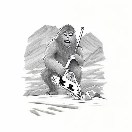 Sasquatch Smoking A Joint At A Grave With Memorial Cross In Mountain With Chainsaw And Wood Nearby