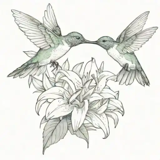 Hummingbird Feeding From Lillies