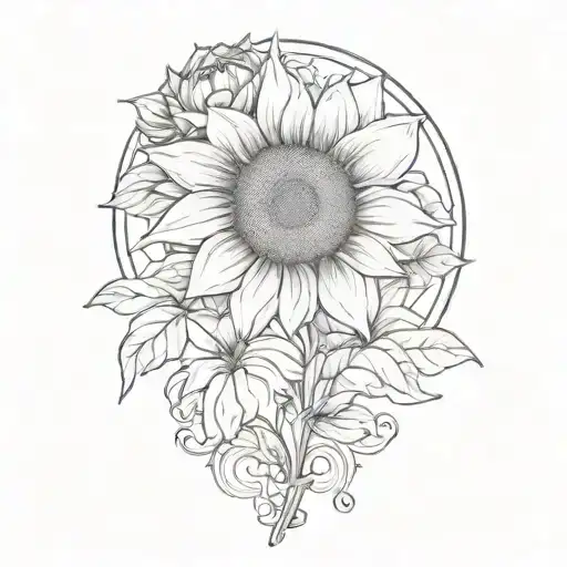 Large Sunflower Surrounded By A Rose And Chrysanthemum Flowers