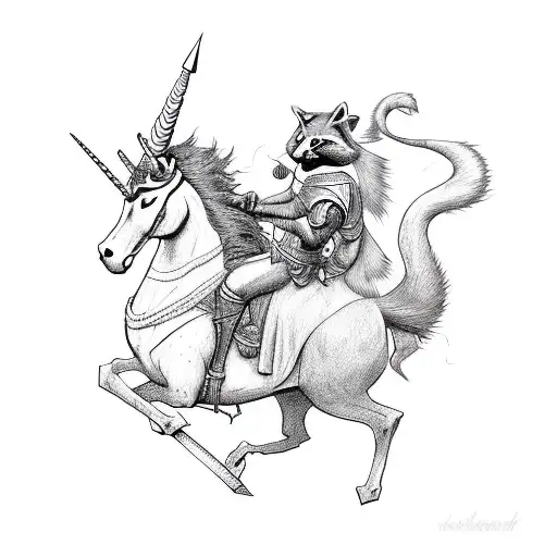 A Racoon Warrior Riding A Unicorn