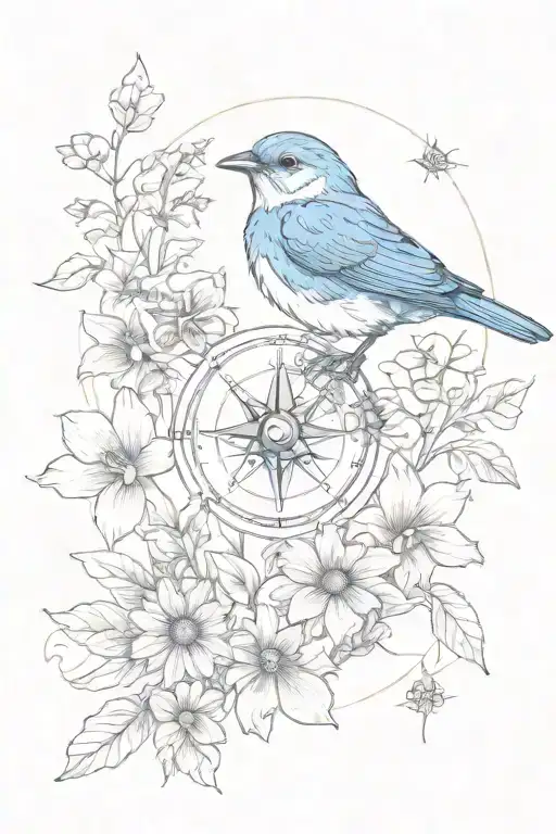 Blue Bird With Compass Surrounded By Wildflowers