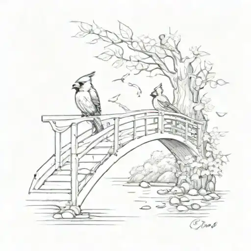 A Dainty Bridge With Cardinals Flying Over It And Whisps Of Leaves In The Air