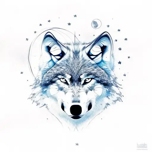 Wolf Head In Nothern Light Sky With Small Wolf Shilouettes Howling