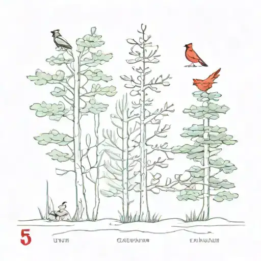 5 Evergreen Trees In A Row With 1 Cardinal On 2Nd Tree From Left