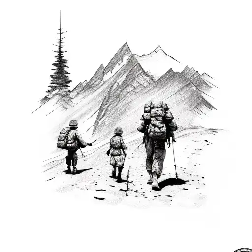 A Sketch-style Tattoo Of A Soldier Hiking With Their Family And A Dog In The Mountains