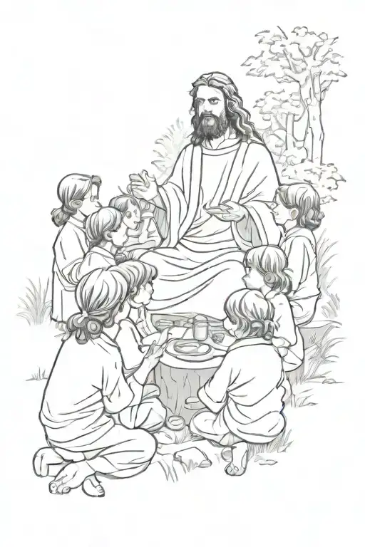 A Sketch Of Jesus Christ Teaching A Group Of Children In A Nature Setting