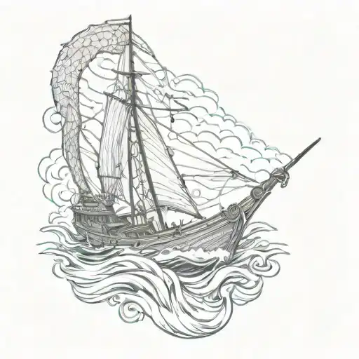 A Sea Serpent Wrapping Around A Sailboat With A Guitar And Surfboard On Deck