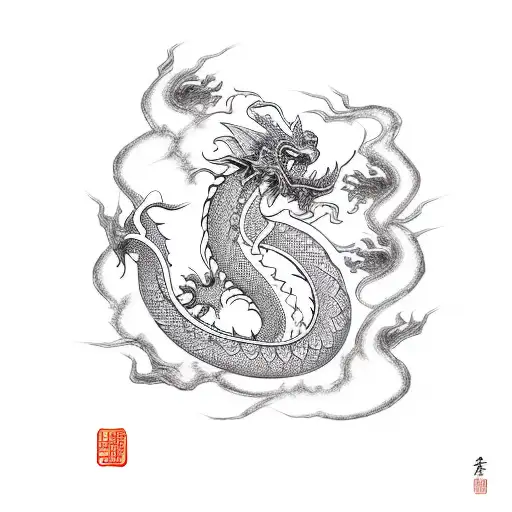 An Intricate Blackwork Design Of A Chinese Dragon Emerging From A Book
