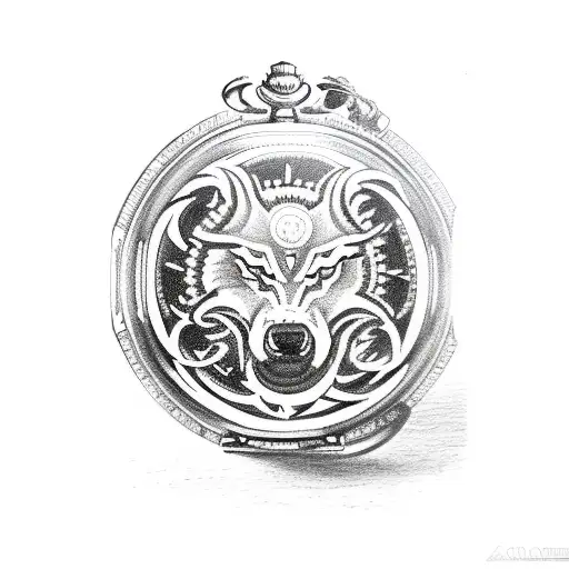 A Detailed Sketch Of An Antique Pocket Watch With Gears Forming The Shape Of A Wolf