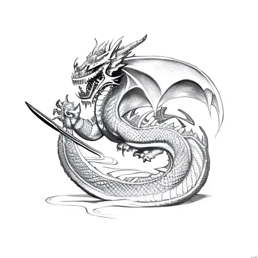 Green And White Dragon With Samurai Sword