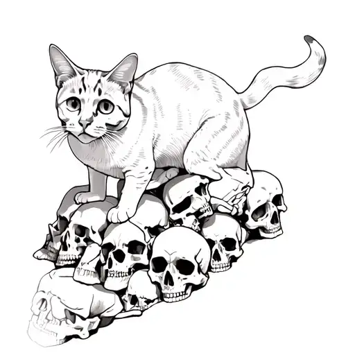 Cat On A Pile Of Human Skulls And A