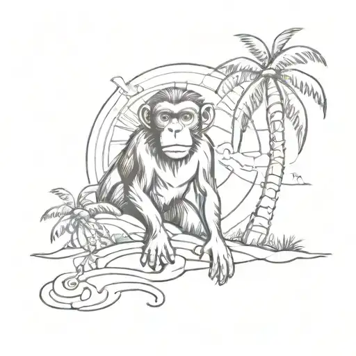 A Sketch Style Tattoo Of A Sun Shining Down On A Monkey On The Beach With Palm Trees