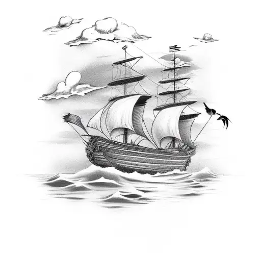 Pirate Ship In Calm Seas With Clouds And Birds In The Background