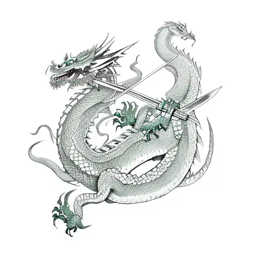 Green And White Dragon With Katana Sword