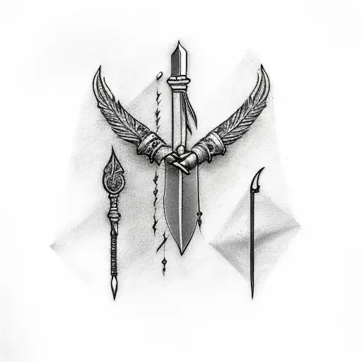 Red Tattoo Of A Dagger And A Feather Connected