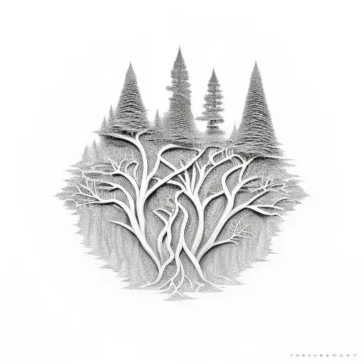 An Intricate Design Of Swirling Trees And Mountains Inspired By Metal Music