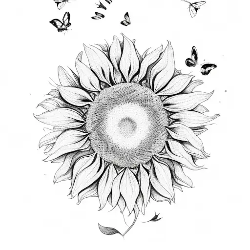 A Beautiful Sunflower With Butterflies Flying Around It