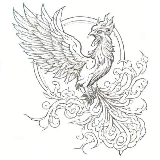 Feminine Front Facing Phoenix Rising From Flames With Sun Setting