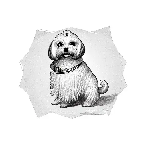 A Pharmacy Mortar And Pestle Surrounded By Sheet Music And A Maltese Dog Silhouette