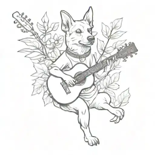 A Sketch Style Tattoo Of A Dog Playing A Guitar Surrounded By Plants