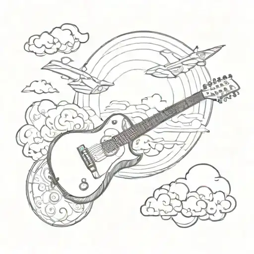 Guitar With Clouds And Plane Flying Towards The Sun