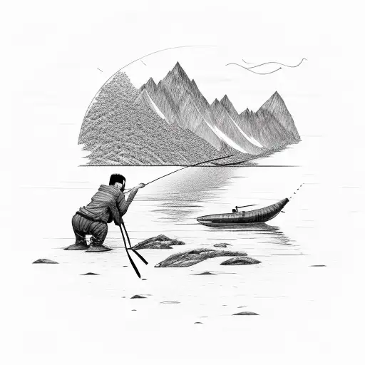 Father And Son Fishing With Mountains In The Back