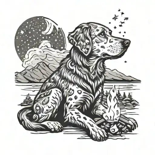 A Black-grey Tattoo Of A Loyal Dog Sitting By A Campfire Under A Starry Night Sky