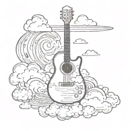 Guitar With Clouds And Plane Flying