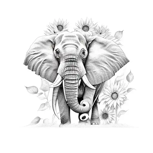 Elephant With Trunk Up Surrounded By Sunflowers