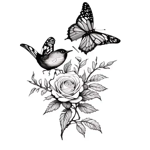 Create A Tattoo With Butterflies A Bird With A Rose With Very Fine Feminine Bonding Thorns